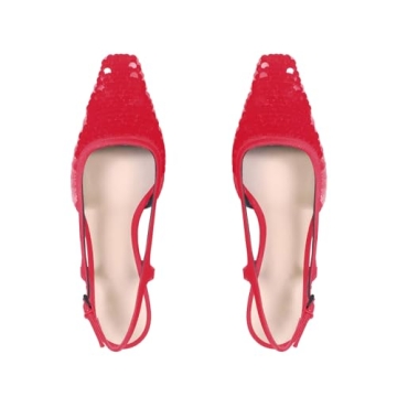 anteikira Women's Fashion Square Toe Kitten Heel Sequins Pumps 2 Inch Closed Toe Low Heel Slingback Spangles Bling Heels Wedding Dress Party Evening Pump Shoes for Women Red Size6