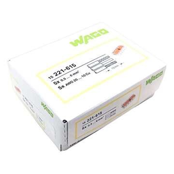 WAGO Compact Splicing Connector, for All Conductor Types, max.6 mm², 5-Conductor,with levers, Transparent housing, Surrounding air Temperature, max 85°C (T85), 6,00 mm², Transparent, 221-615 (15 pcs)