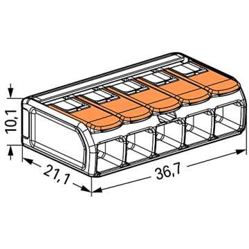 WAGO Compact Splicing Connector, for All Conductor Types, max.6 mm², 5-Conductor,with levers, Transparent housing, Surrounding air Temperature, max 85°C (T85), 6,00 mm², Transparent, 221-615 (15 pcs)