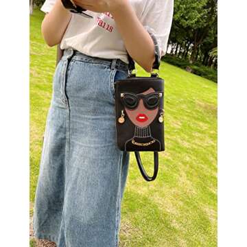 Novelty Unique 3D Lady Face PU Leather Top Handle Satchel Handbags for Women Funky Tote Purse Hobo Crossbody Shoulder bags (Black)