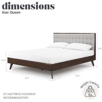 DG Casa Solomon Mid Century Modern Solid Wood Queen Size Bed Frame, Beige Fabric Upholstered Wooden Platform Bed Frame with Slats, No Box Spring Needed