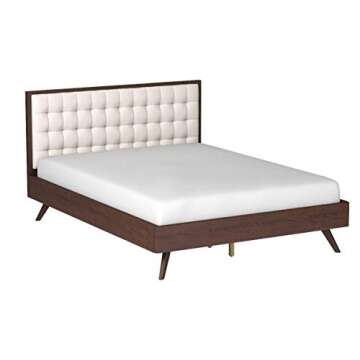 DG Casa Solomon Mid Century Modern Solid Wood Queen Size Bed Frame, Beige Fabric Upholstered Wooden Platform Bed Frame with Slats, No Box Spring Needed