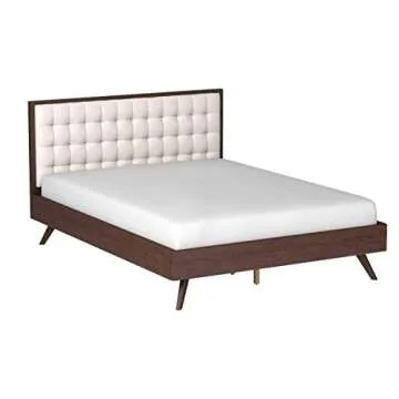 DG Casa Solomon Mid Century Modern Solid Wood Queen Size Bed Frame, Beige Fabric Upholstered Wooden Platform Bed Frame with Slats, No Box Spring Needed