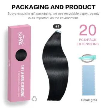 SUYYA Tape in Hair Extensions Human Hair 18 inches 50g/pack 20pcs Straight Seamless Skin Weft Jet Bl...