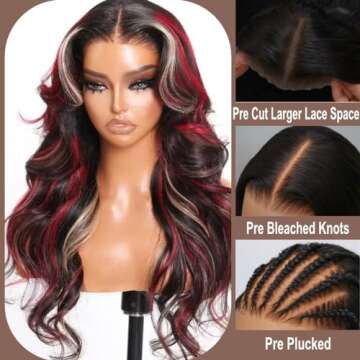 UNICE Bye Bye Knots 7x5 Pre Cut Lace Skunk Stripe Loose Wave Wig Pre Bleached Invisible Knots Black Red Blonde Highlights Lace Front Wigs Human Hair Glueless Wig Pre Plucked 150% Density 22inch