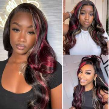 UNICE Bye Bye Knots 7x5 Pre Cut Lace Skunk Stripe Loose Wave Wig Pre Bleached Invisible Knots Black Red Blonde Highlights Lace Front Wigs Human Hair Glueless Wig Pre Plucked 150% Density 22inch