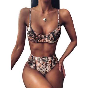 MakeMeChic Women's Snakeskin Print High Waist Strap Bikini Set Swimsuit with Belted Multi S