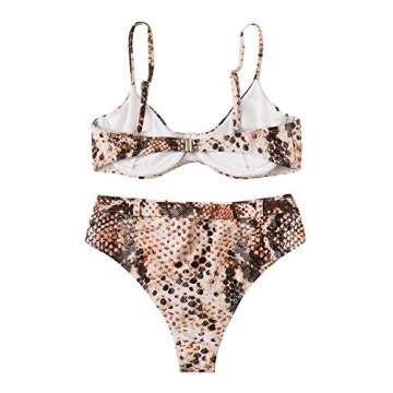 MakeMeChic Women's Snakeskin Print High Waist Strap Bikini Set Swimsuit with Belted Multi S