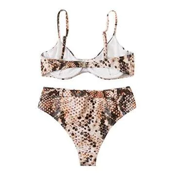 MakeMeChic Women's Snakeskin Print High Waist Strap Bikini Set Swimsuit with Belted Multi S