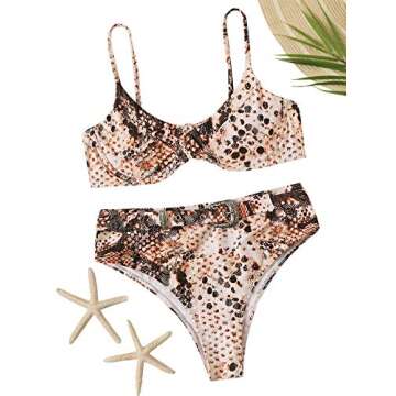 MakeMeChic Women's Snakeskin Print High Waist Strap Bikini Set Swimsuit with Belted Multi S