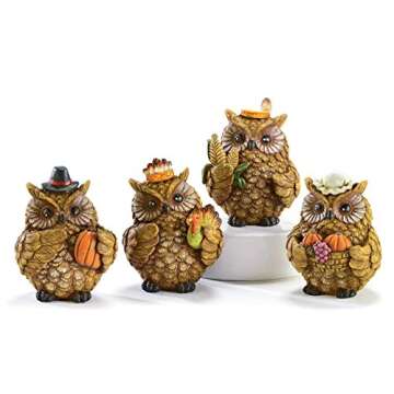 4 Pc Pilgrim & Indian Owl Figurines w/Turkey & Pumpkins