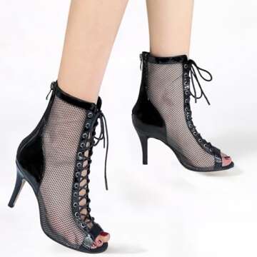 AUJ Danshs Professional Dance Heels for Women,Lace-Up Mesh Jazz Stiletto Shoes,Back Zipper Peep Toe Booties,Pole Dance Boots (Midnight Black Size:8)