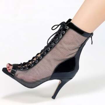 AUJ Danshs Professional Dance Heels for Women,Lace-Up Mesh Jazz Stiletto Shoes,Back Zipper Peep Toe Booties,Pole Dance Boots (Midnight Black Size:8)