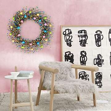 Egolot 24 Inch Spring Easter Colorful Eggs Wreath for Front Door, Easter Colorful Home Decoration Easter Eggs and Berries Wreath for Indoor and Outdoor Use, Grapevine Easter Egg Wreath