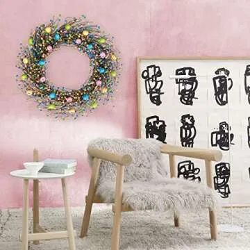 Egolot 24 Inch Spring Easter Colorful Eggs Wreath for Front Door, Easter Colorful Home Decoration Easter Eggs and Berries Wreath for Indoor and Outdoor Use, Grapevine Easter Egg Wreath