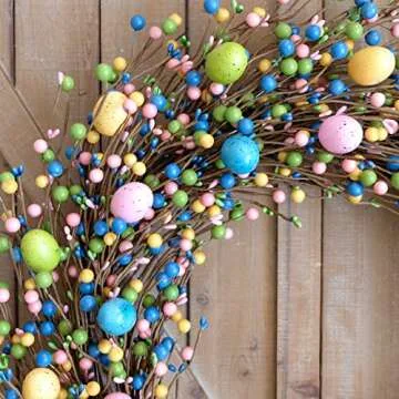 Egolot 24 Inch Spring Easter Colorful Eggs Wreath for Front Door, Easter Colorful Home Decoration Easter Eggs and Berries Wreath for Indoor and Outdoor Use, Grapevine Easter Egg Wreath
