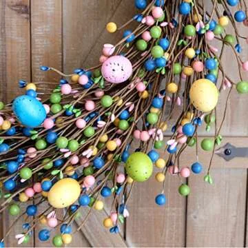 Egolot 24 Inch Spring Easter Colorful Eggs Wreath for Front Door, Easter Colorful Home Decoration Easter Eggs and Berries Wreath for Indoor and Outdoor Use, Grapevine Easter Egg Wreath