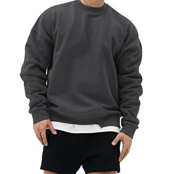 Surenow Men's Lightweight Terry Patchwork Crewneck Sweatshirt - Casual Pullover in Dark Grey