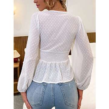 Avanova Women's Deep V Neck Ruffle Long Sleeve Swiss Dot Shirred Chiffon Blouse Top White Small