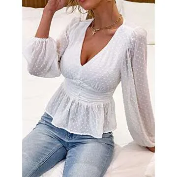 Avanova Women's Deep V Neck Ruffle Long Sleeve Swiss Dot Shirred Chiffon Blouse Top White Small