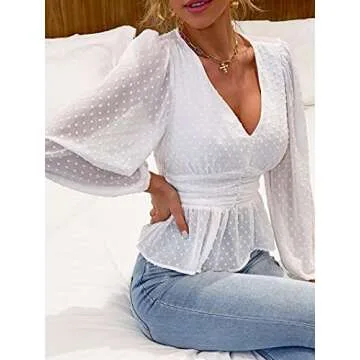 Avanova Women's Deep V Neck Ruffle Long Sleeve Swiss Dot Shirred Chiffon Blouse Top White Small