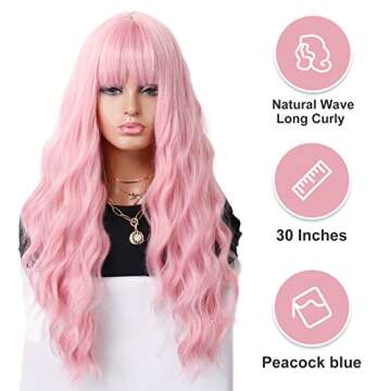 Vsiopy Long Wavy Wig with Bangs for Women Pink Wigs Synthetic Wig Party Cosplay Costume Hair (Replacement Wigs + 1 Wig Caps 26 inch Pink)