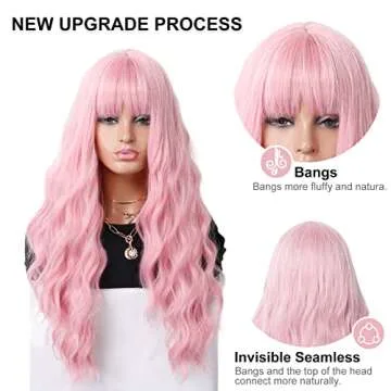 Vsiopy Long Wavy Wig with Bangs for Women Pink Wigs Synthetic Wig Party Cosplay Costume Hair (Replacement Wigs + 1 Wig Caps 26 inch Pink)
