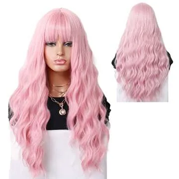 Vsiopy Long Wavy Wig with Bangs for Women Pink Wigs Synthetic Wig Party Cosplay Costume Hair (Replacement Wigs + 1 Wig Caps 26 inch Pink)