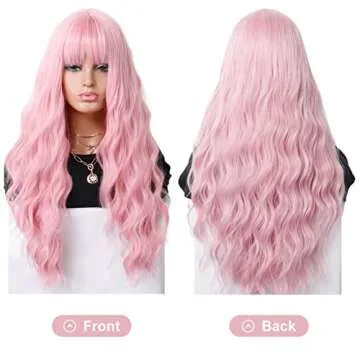 Vsiopy Long Wavy Wig with Bangs for Women Pink Wigs Synthetic Wig Party Cosplay Costume Hair (Replacement Wigs + 1 Wig Caps 26 inch Pink)