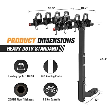 LITE-WAY Bike Rack 4 Bike Capacity Durable Hitch Mount