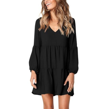 Amoretu Women's Deep V Neck Loose Shift Mini Tunic Dress