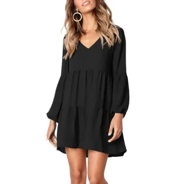 Amoretu Women's Deep V Neck Loose Shift Mini Tunic Dress