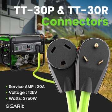 GEARit 30-Amp Extension Cord for RV and Auto, (50-Feet) 3-Prong 125-Volt 10/3 STW 10AWG Gauge 3 Wire, NEMA TT-30P to TT-30R, Outdoor Camper Power Cord