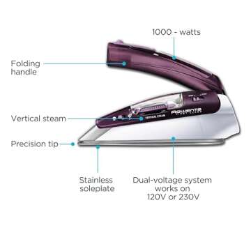Rowenta Travel Iron, Pro Compact Stainless Steel Soleplate Hand Held Steamer Iron for Clothes, 200 Microsteam Holes, 1000 Watts Ironing, Fabric Steamer, Dual Voltage, Mini Iron, Purple, DA1560