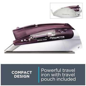 Rowenta Travel Iron, Pro Compact Stainless Steel Soleplate Hand Held Steamer Iron for Clothes, 200 Microsteam Holes, 1000 Watts Ironing, Fabric Steamer, Dual Voltage, Mini Iron, Purple, DA1560