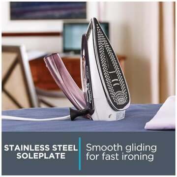 Rowenta Travel Iron, Pro Compact Stainless Steel Soleplate Hand Held Steamer Iron for Clothes, 200 Microsteam Holes, 1000 Watts Ironing, Fabric Steamer, Dual Voltage, Mini Iron, Purple, DA1560