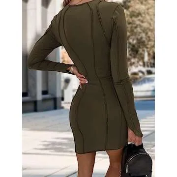 PRETTYGARDEN Womens 2024 Fall Bodycon Mini Dresses Casual Long Sleeve Solid Color Short Tight Ladies Party Club Fashion Dress (Army Green,Small)