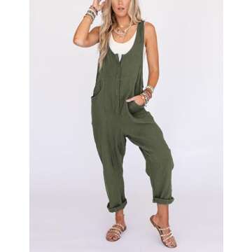 Yeokou Womens Overalls Linen Cotton Jumpsuits Loose Casual Jumpers with Pockets