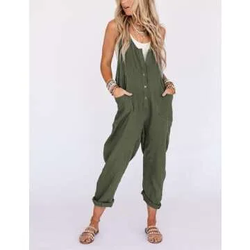 Yeokou Womens Overalls Linen Cotton Jumpsuits Loose Casual Jumpers with Pockets