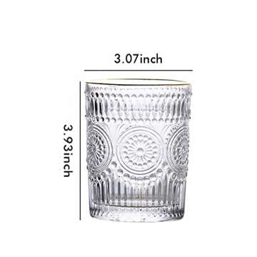 MISIMPO Drinking Glasses Set of 4, 9.5oz Embossed Vintage Glasses Set Romantic Water Glassware for Juice, Cocktail, Whiskey Glasses(9.5oz)