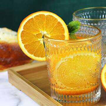 MISIMPO Drinking Glasses Set of 4, 9.5oz Embossed Vintage Glasses Set Romantic Water Glassware for Juice, Cocktail, Whiskey Glasses(9.5oz)