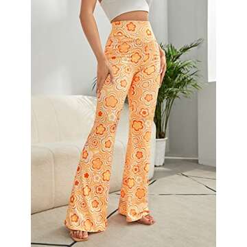 WDIRARA Women's Heart Print Elastic High Waist Flare Leg Stretch Casual Pants Floral Multicolor M