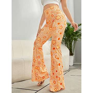 WDIRARA Women's Heart Print Elastic High Waist Flare Leg Stretch Casual Pants Floral Multicolor M