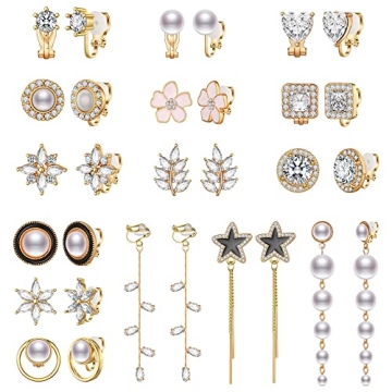 Jannisa 15 Pairs Gold Clip on Earrings Set for Women Teens CZ Simulated Pearl Clip on Earrings for W...