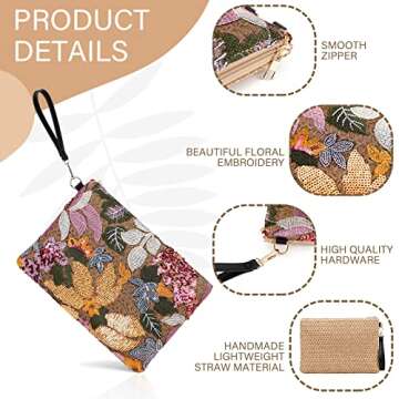 ER.Roulour Summer Straw Bag for Women Floral Embroidery Straw Clutch Purse Woven Wristlet For Beach Party Wedding (Floral)