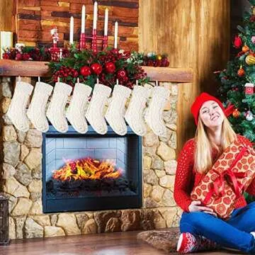 Christmas Stockings Knitted Xmas Stockings 18 Inches Double-Sided Fireplace Hanging Stockings for Family Christmas Decoration (Ivory, 8)