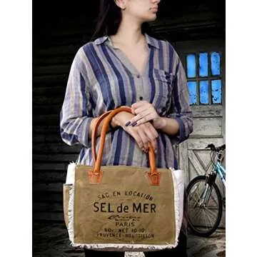 CLA Bags Sel De Mer Upcycled Canvas Hand Bag Upcycled Canvas & Cowhide Tote Bag, Upcycled Canvas & Cowhide Leather Bag