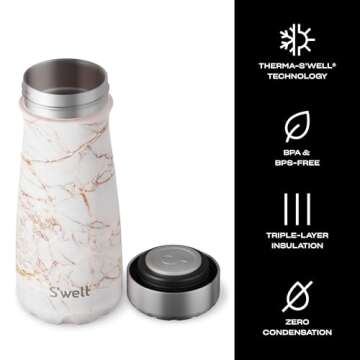 S'well Stainless Steel Traveler, 16oz, Calacatta Gold, Triple Layered Vacuum Insulated Containers Keeps Drinks Cold for 24 Hours and Hot for 12, BPA Free, Easy Carrying On the Go