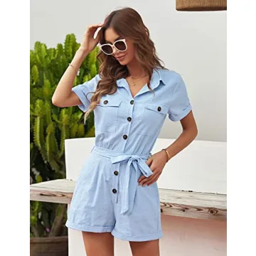 GRAPENT Women's Summer Button Down Pockets Belted Romper