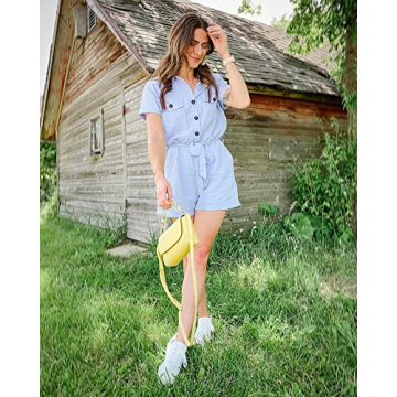 GRAPENT Women's Summer Button Down Pockets Belted Romper